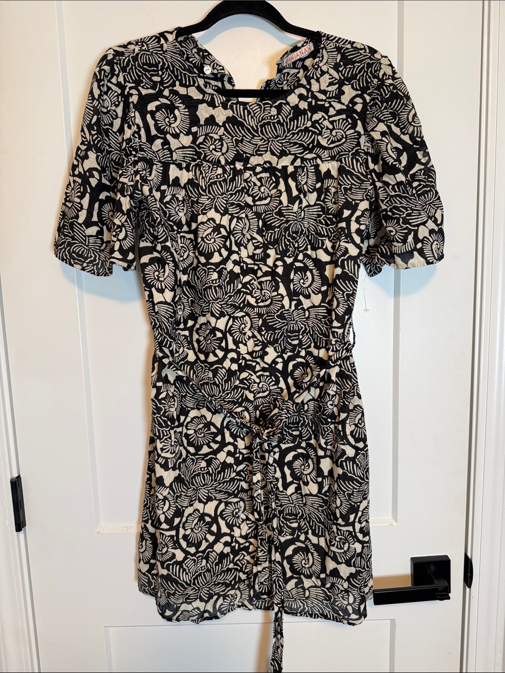Banjanan 100% cotton Black and Cream Floral Tie-Waist Miniโ Dress - Medium